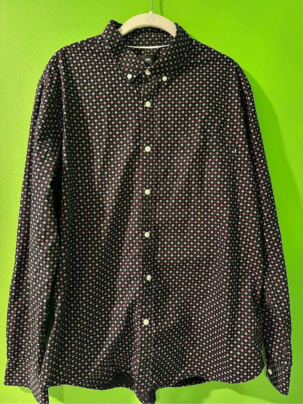 Obey Geometric Button Down Black & Red XL Like New